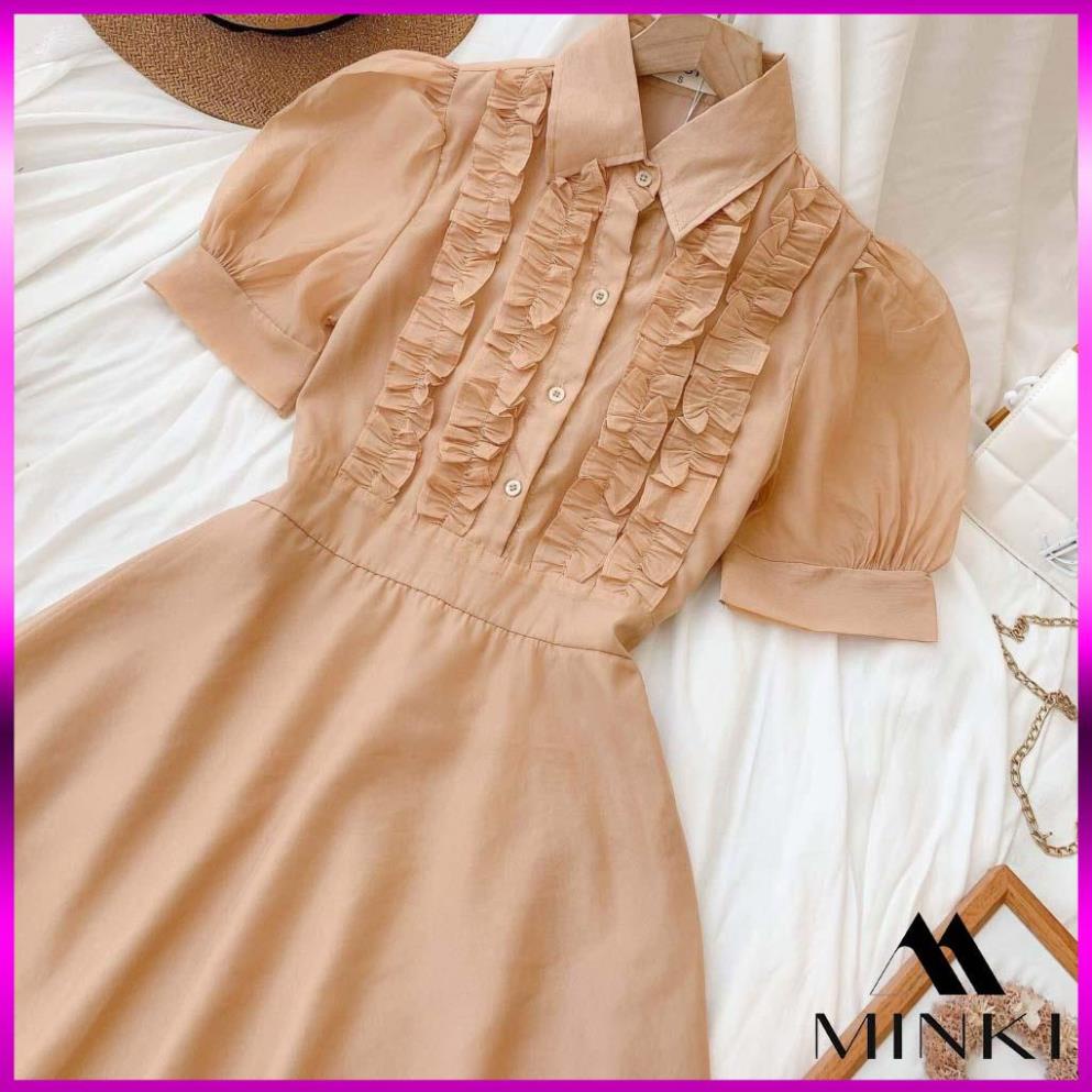 [SIÊU HOT] ĐẦM SƠ MI TAY BỒNG DỊU DÀNG - CHẤT LIỆU VOAN TƠ CAO CẤP - MÀU HỒNG/ NUDE | BigBuy360 - bigbuy360.vn