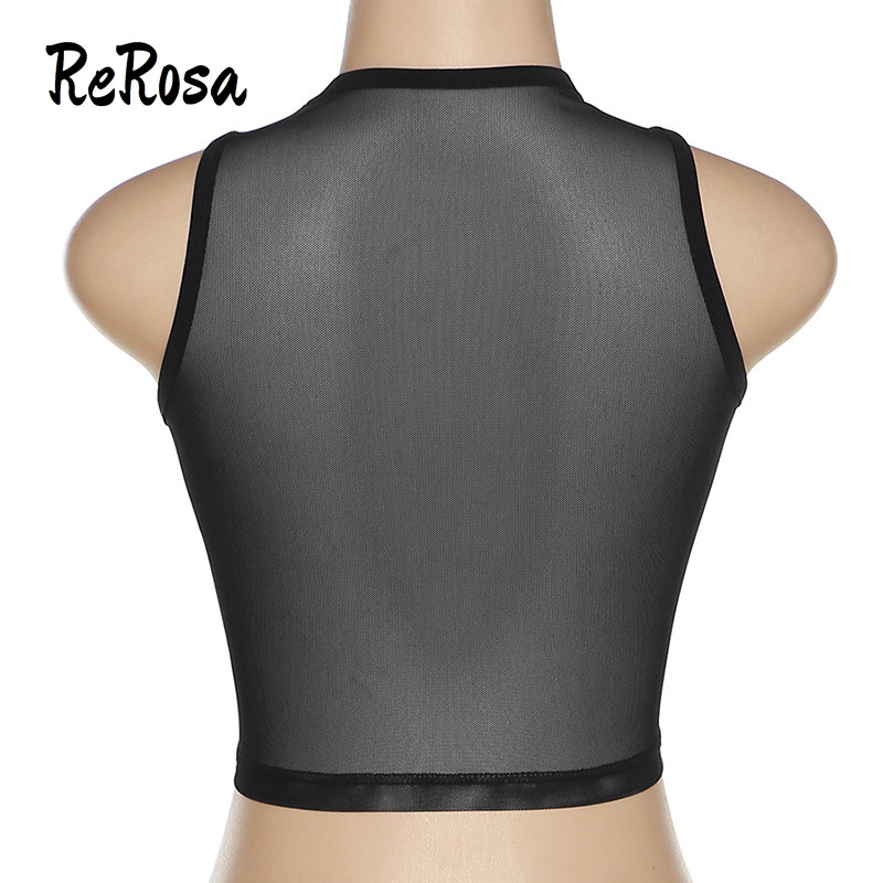 Rerosa Áo Tank Top Sát Nách Cổ Tròn Phối Lưới Sáng Tạo Cho Nữ