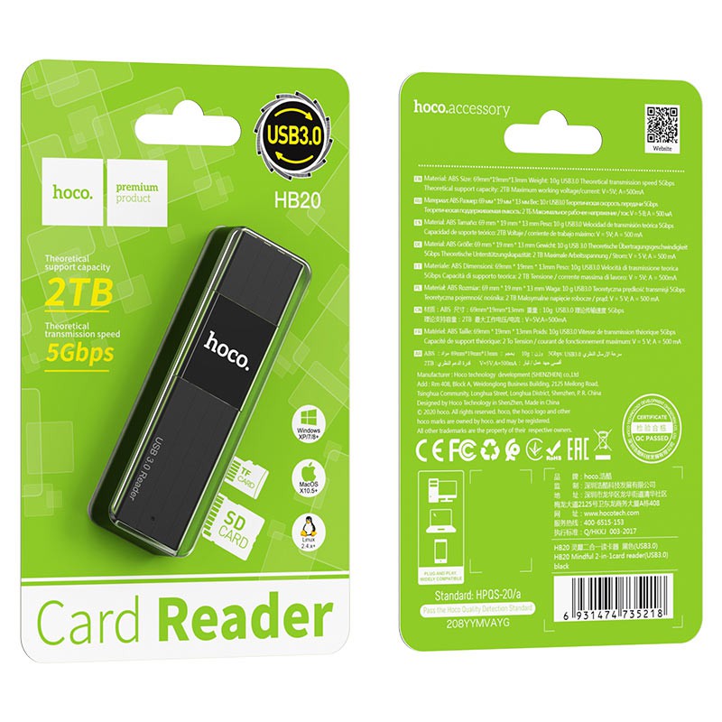 Đầu đọc thẻ nhớ 2.0 / 3.0 Hoco HB20 Mindful - hỗ trợ khe microSD/SD (Đen) - Hãng phân phối chính thức