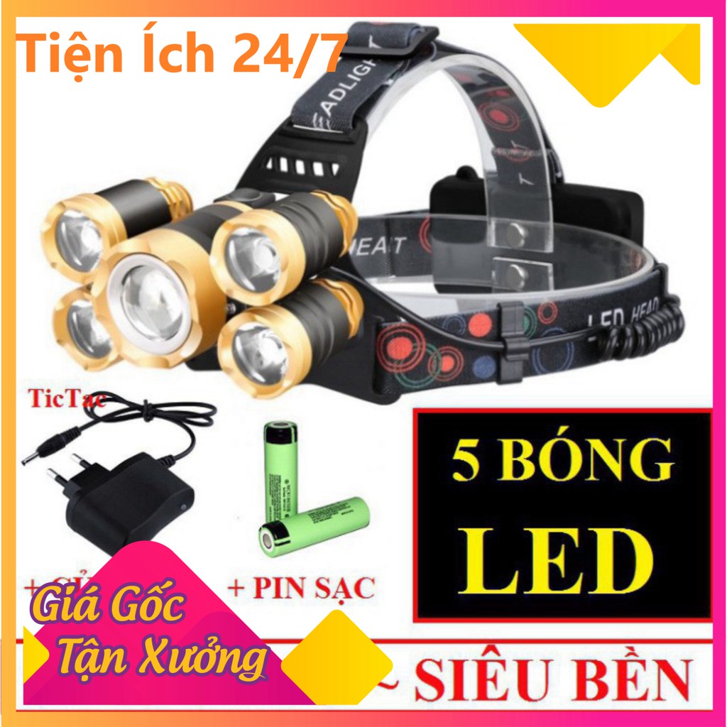 🔐Bảo Hành 3 Năm🔐 Đèn Pin, Đèn Đội Đầu 5 Bóng Led Siêu Sáng, Siêu Tiện Dụng, Chống Nước IP68 - [Tiện Ích 24/7]