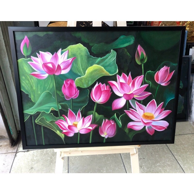 Tranh treo tường  tranh CANVAS , Tranh sơn dầu( tranh vẽ tay)mẫu hoa sen kích thước 60* 80cm( kèm khung cao cấp).