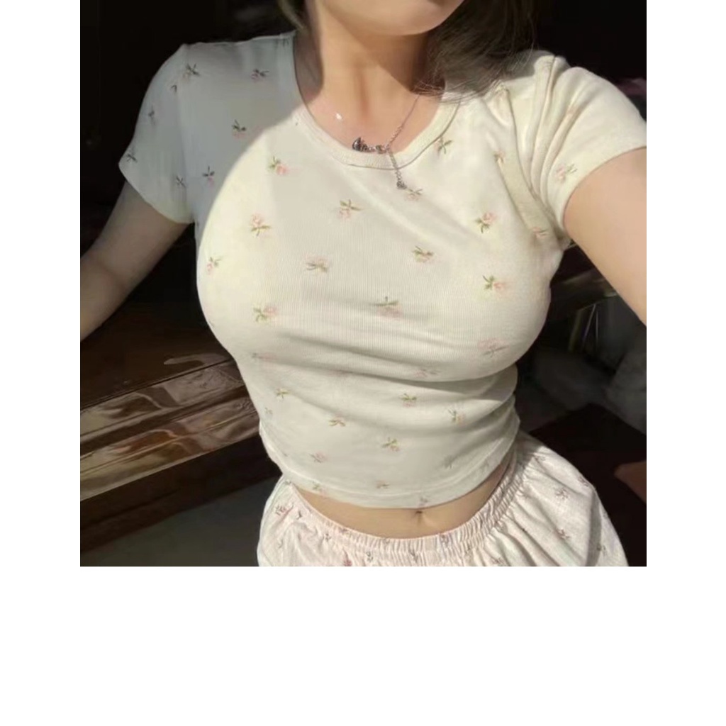 Brandy melville Áo Hoa BM Tay Ngắn Màu Be