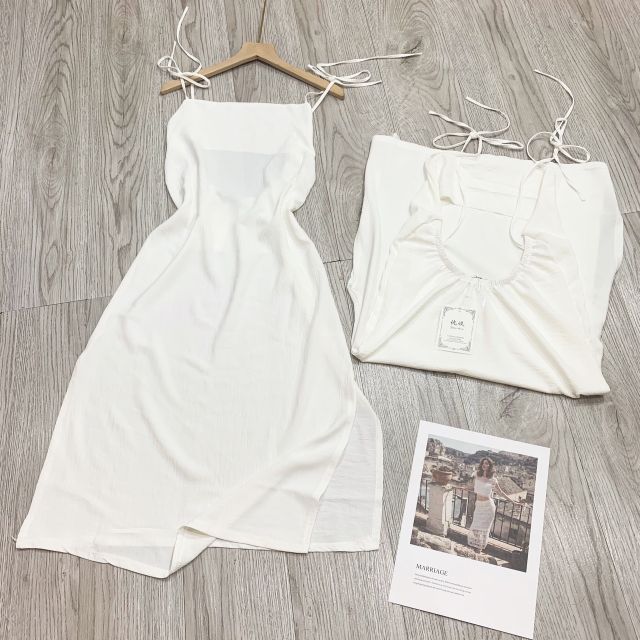 (Ảnh thật)Váy maxi 2 dây cột nơ eo