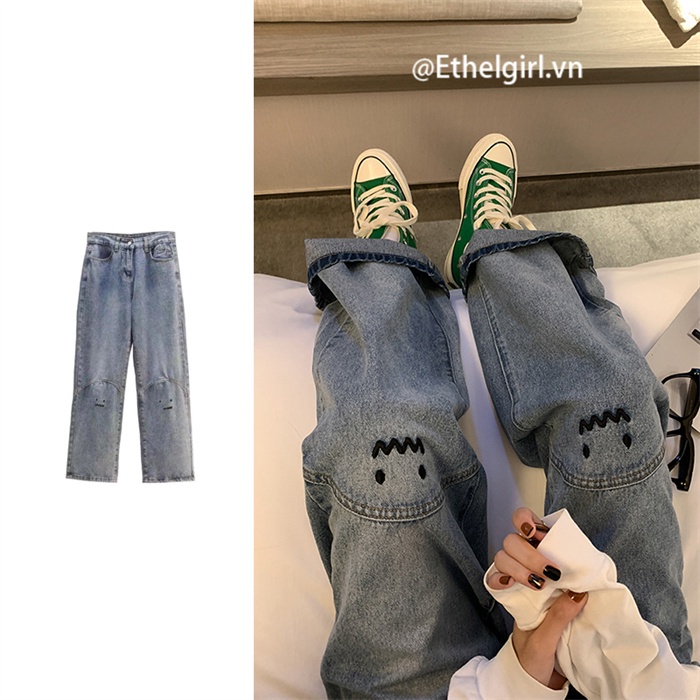 Quần jean ống rộng lưng cao phối thêu mặt cười phong cách cổ điển | BigBuy360 - bigbuy360.vn