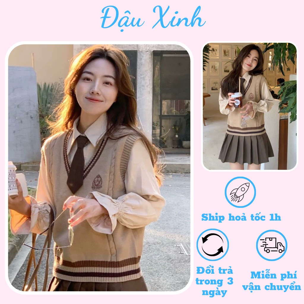 Áo gile len nữ màu nâu học sinh hàn quốc đi học - 068