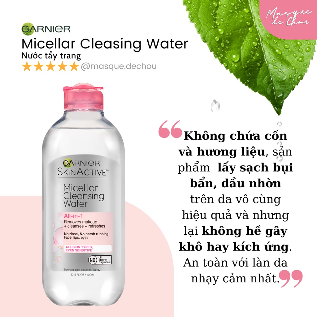 [BẢN MỸ] Nước tẩy trang Garnier Micellar Cleansing Water 400ml (Màu hồng cho da nhạy cảm)