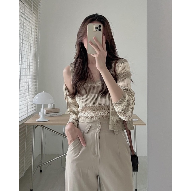 Set áo len khoác cadigan kèm 2 dây len lưới mặc mát SE1720 - NhiNhi Shop