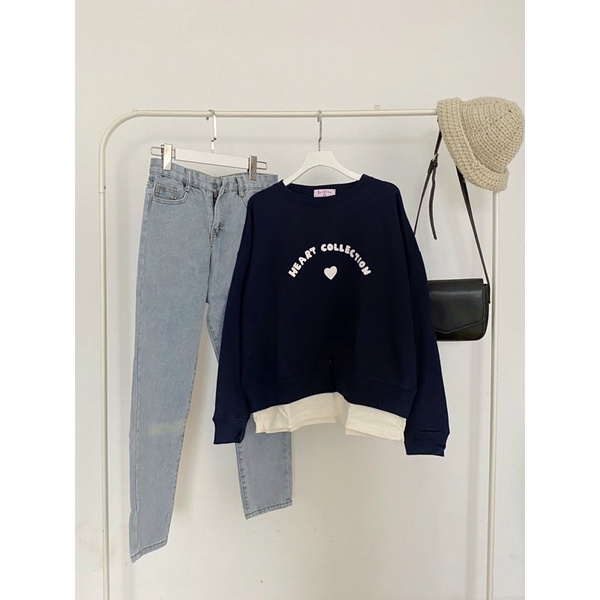 ATTK643 - Áo sweater xanh in chữ Heart Collection viền lai áo