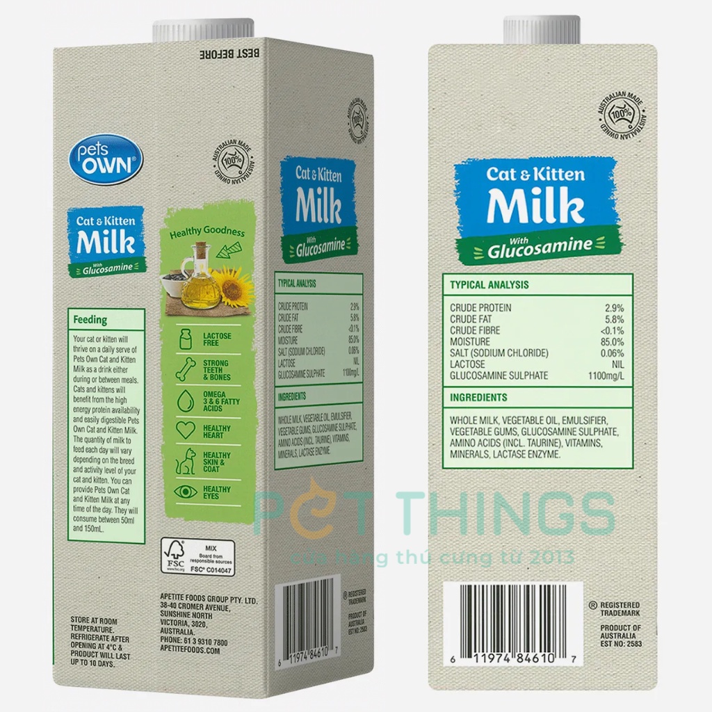 Sữa pha sẵn cho chó mèo Pets Own bổ sung Glucosamine hộp 1 Lít