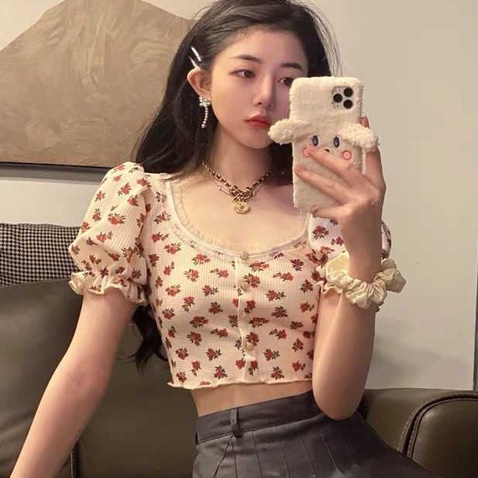 Áo kiểu crop top NZN tay ngắn phồng cổ vuông in họa tiết hoa phong cách Hàn Quốc cổ điển thời trang dành cho nữ