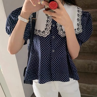 Áo peplum chấm bi xanh