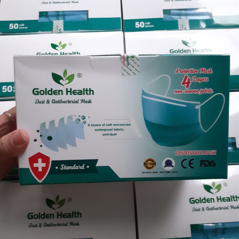 [Hộp 50 cái] Khẩu trang y tế 4 lớp kháng khuẩn màu xanh Golden Health