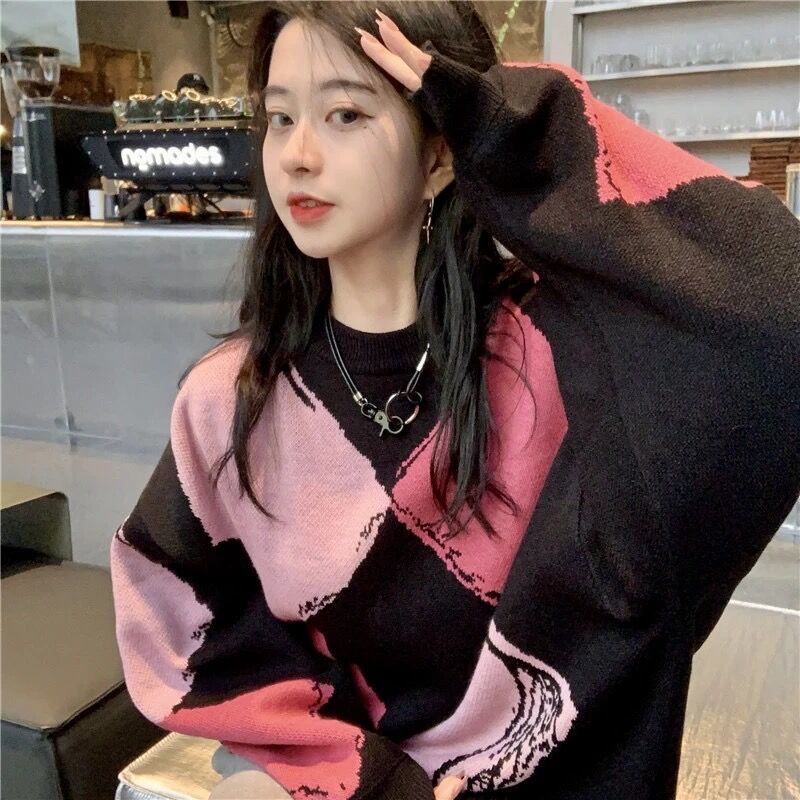 Áo Sweater Dài Tay Kẻ Caro Màu Sắc Tương Phản Cá Tính 203582 Áo Dệt Kim Dáng Rộng Phong Cách Retro Hàn Quốc