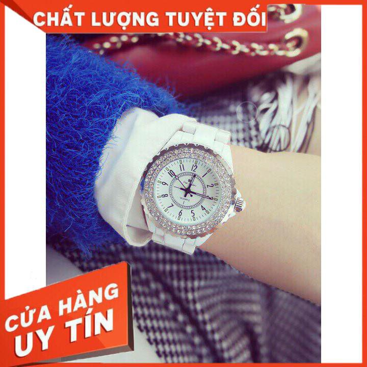 Đồng Hồ Nữ Beesister BS-Dây Sứ-Viền Đính Đá-Xoay Độc Đáo-Sang Trọng-Qúy Phái