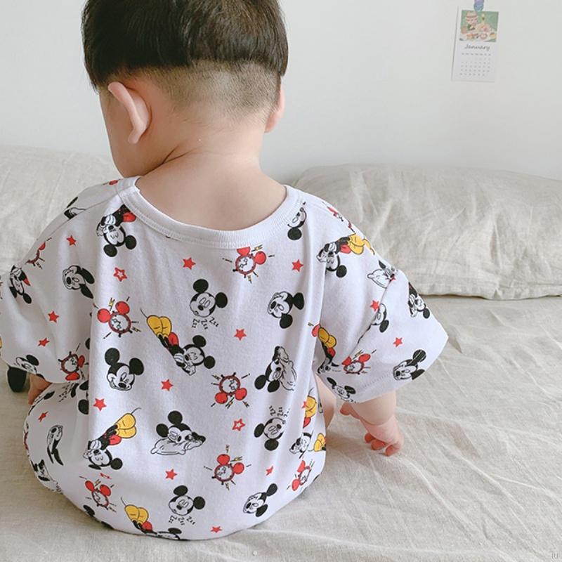 Bộ Áo Liền Quần Ngắn Tay In Hình Chuột Mickey Đáng Yêu Cho Bé