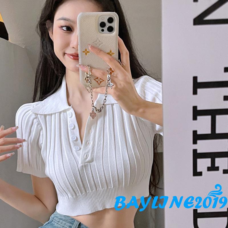 Áo Thun Ngắn Tay Cổ Bẻ Cài Nút Cổ Bẻ Màu Trơn Cho Nữ