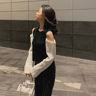 [Order] Áo len croptop hở vai thời trang phối tay trắng