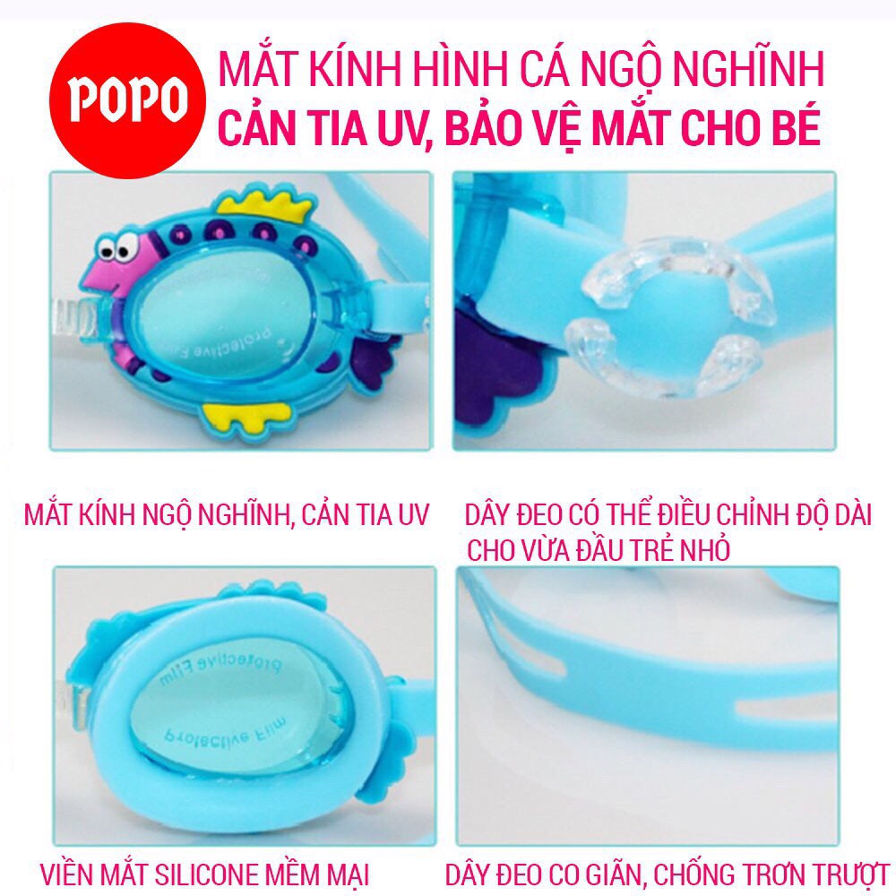 Kính bơi cho bé, kính bơi trẻ em 2600 cho bé từ 3 tuổi chính hãng POPO cao cấp chống sương mù có túi đựng SPORTY