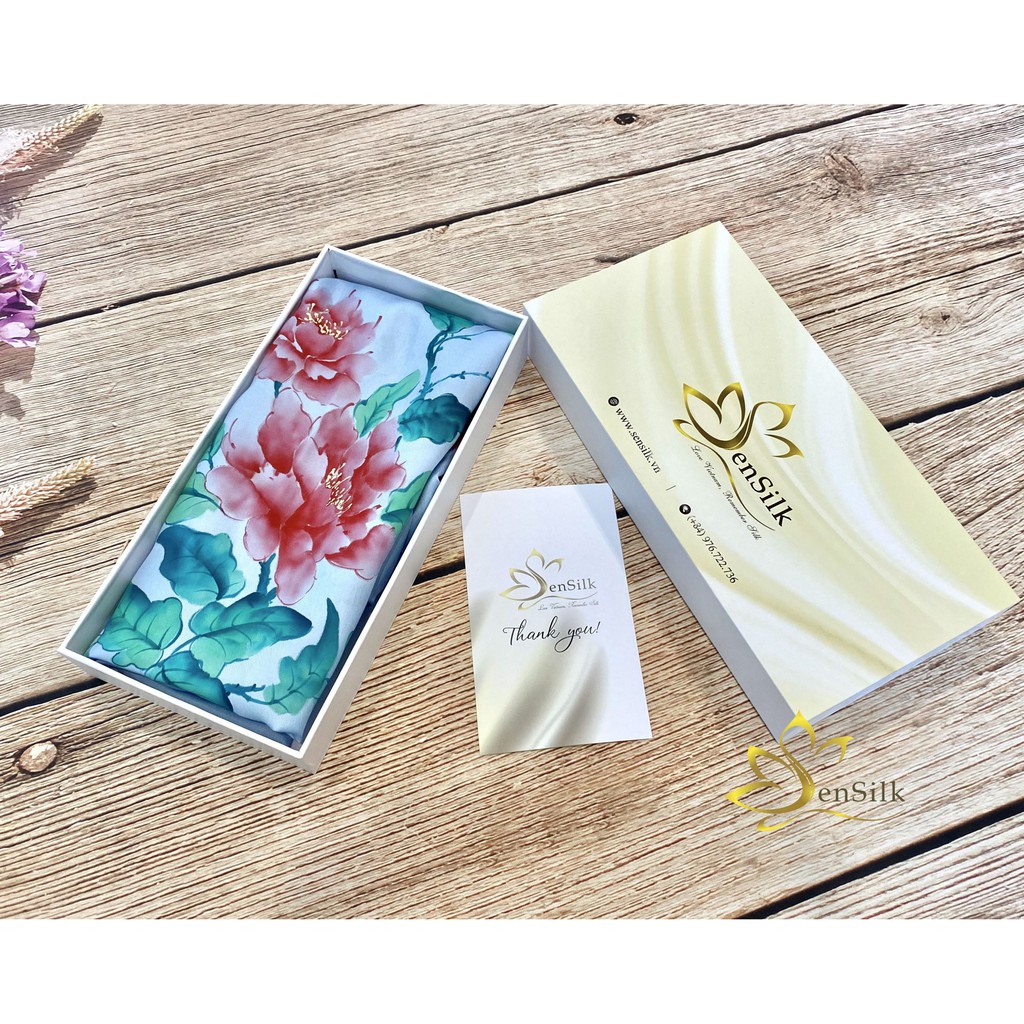 Khăn Lụa Thời Trang Vẽ Tay Hoa Mẫu Đơn SenSilk 180x55cm, Khăn Quấn Cổ Cao Cấp bằng Lụa, Silk Hand Painting Scarf