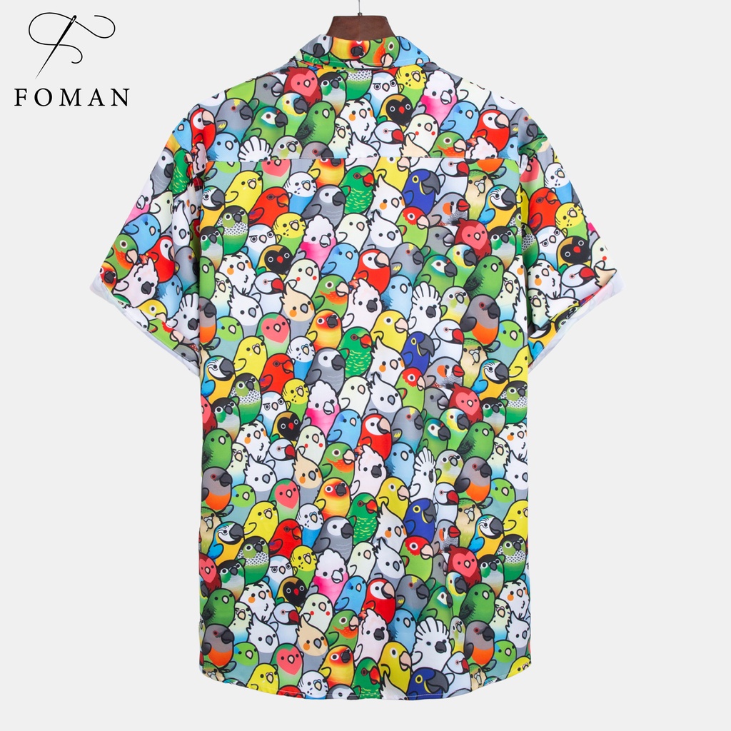 Áo sơ mi nam FOMAN tay ngắn, Form Regular, vải lụa thoáng mát, không nhăn | Sơ mi họa tiết con két sắc màu Parrots
