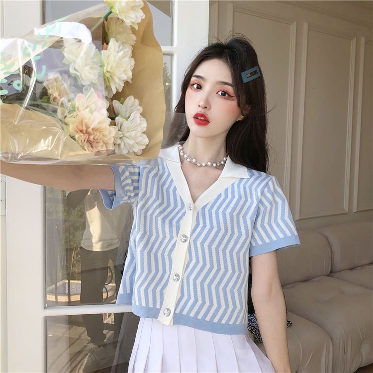 Áo cardigan Dệt Kim Mỏng Cổ POLO Ngắn Tay Họa Tiết Kẻ Sọc Cho Nữ JL-TX-514