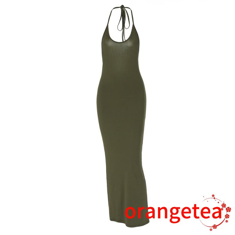 ORT-Women Sleeveless Halter Neck Dress, Solid Color Backless Tie-Up Bodycon Dress