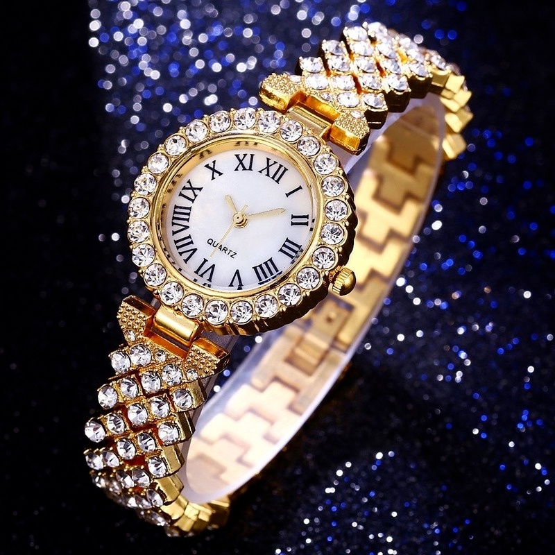 Đồng Hồ Quartz Nữ Mặt Đính Hột Xoàn Dây Thép Không Gỉ
