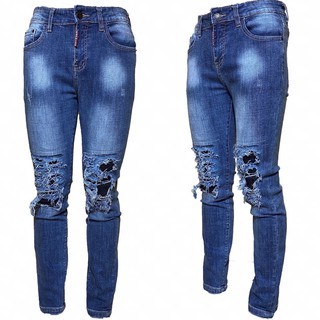 Mẫu quần bò destroy jeans xanh đáp da