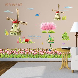 Decal dán tường hàng rào hoa tuylip và cối xay gió cực xinh