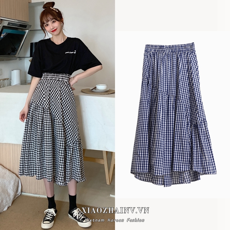 Xiaozhainv Chân váy midi họa tiết caro phong cách retro thời trang nữ | BigBuy360 - bigbuy360.vn