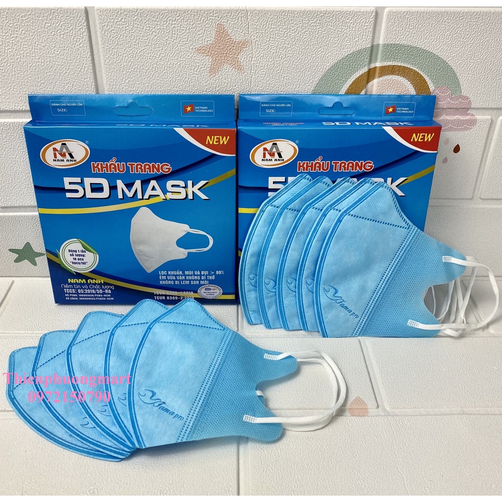 Khẩu trang 5D NAM ANH FAMAPRO 3 lớp Kháng Khuẩn 10 cái/ hộp Trắng, Hồng, Xanh Y Tế, Xanh Rêu, Xanh Navy, Xám, Đen