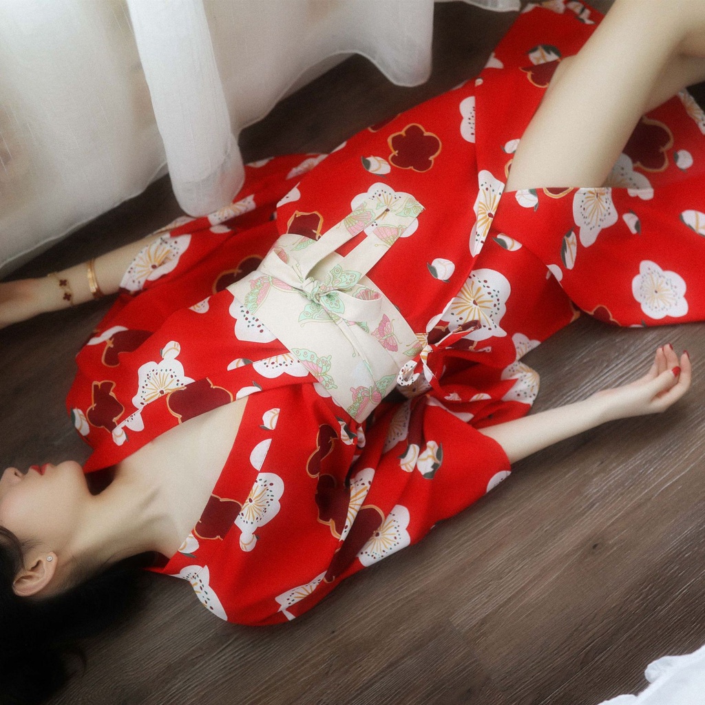 Bộ Đồ Lót Kimono Cổ Chữ V Khoét Sâu In Họa Tiết Hoa Anh Đào Nhật Bản Quyến Rũ Cho Nữ