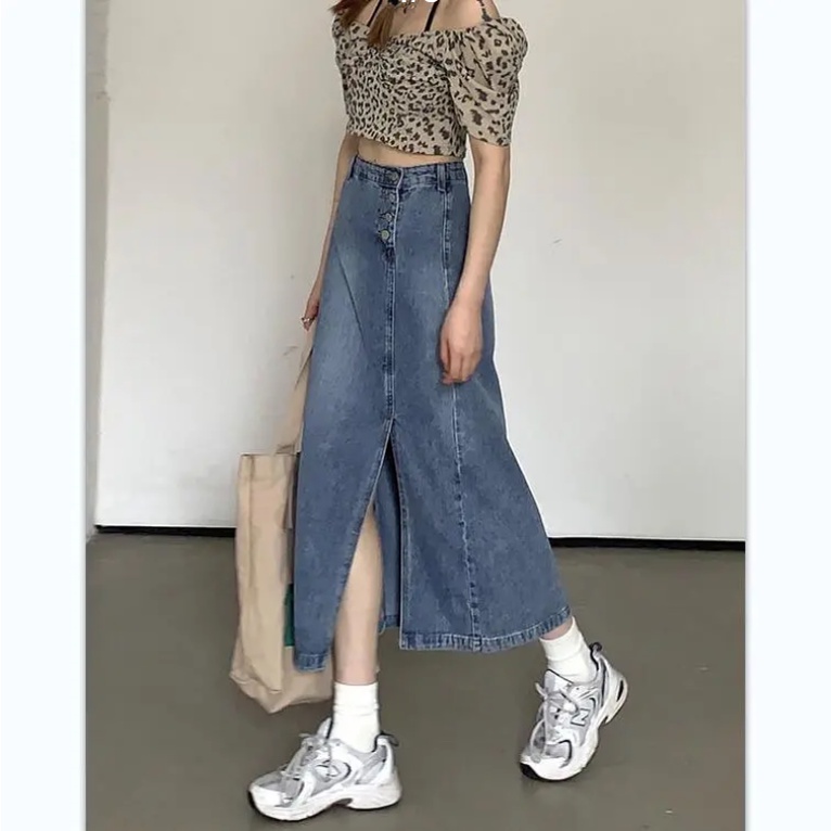 Chân váy jean dáng dài lưng cao thiết kế xẻ tà thời trang dành cho nữ