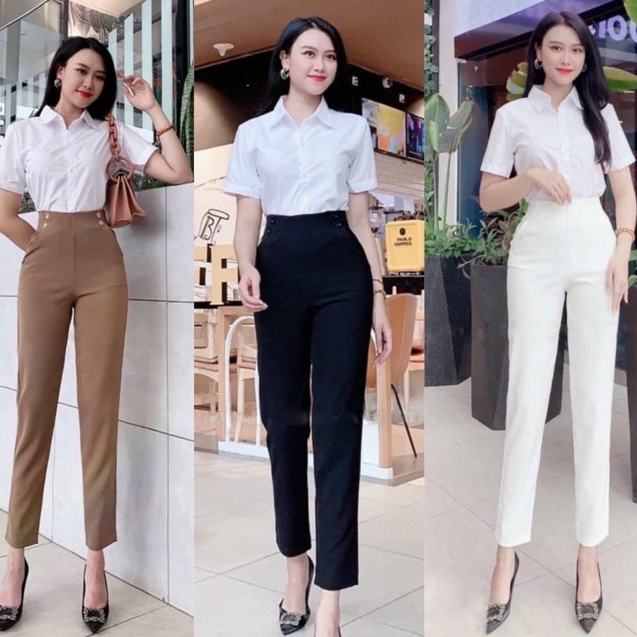 Quần baggy nữ túi  trang trí khuy công sở cạp liền lưng cạp cao vải tuyết mưa siêu đẹp