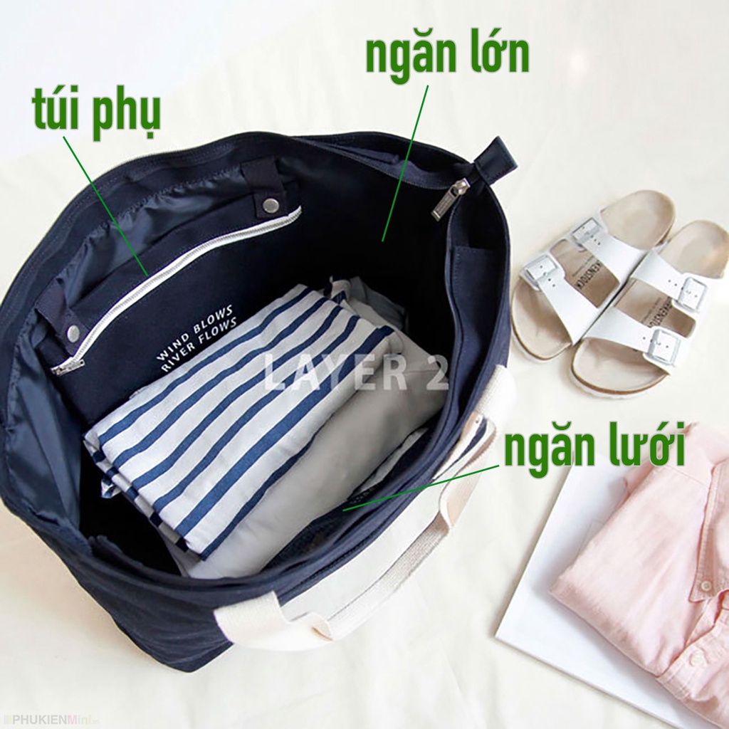 Túi vải canvas loại to gấp gọn nhiều ngăn đựng quần áo giày dép du lịch đi biển đi chơi có quai treo tay nắm vali