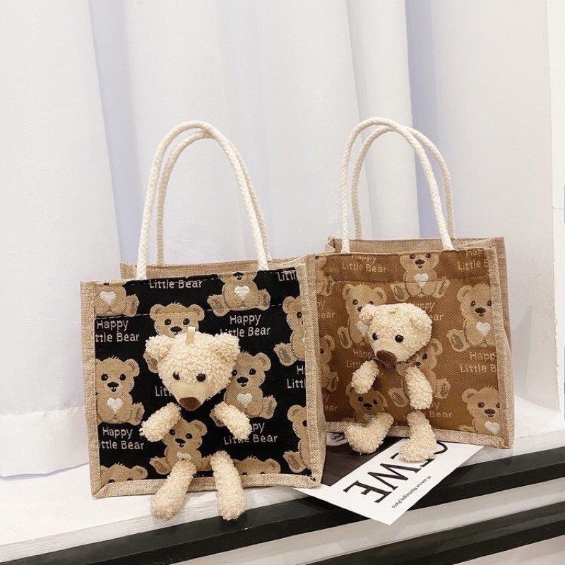 Túi cối mini size 21 kèm gấu teddy- có khoá - phong cách vintage(gấu 02)