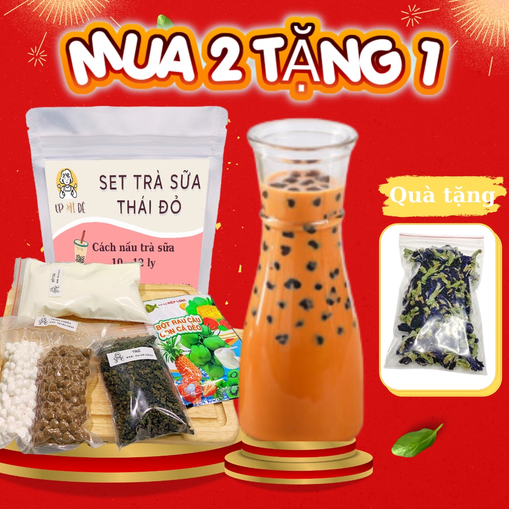 Set Nguyên Liệu Pha Trà Sữa Thái Đỏ Nấu 10 - 12 Ly Full Topping - UP MÌ ĐÊ