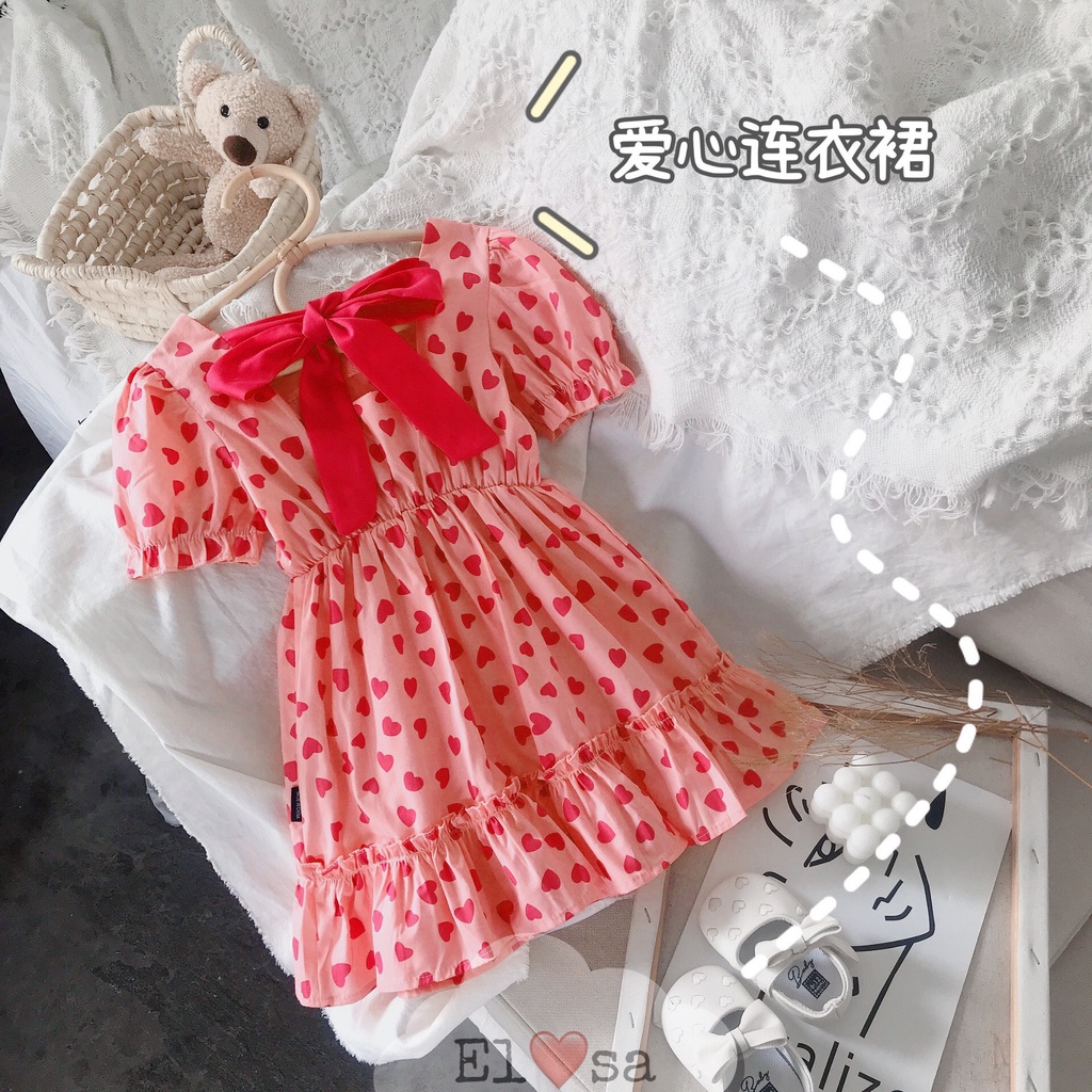 Váy bé gái - Váy tim hồng nơ lưng siêu xinh cho bé 1-5 Tuổi