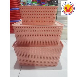 Giỏ Đựng Đồ bằng nhựa Song Long giả mây có nắp đậy kiểu dáng Hàn Quốc ( Bé- vừa- To )