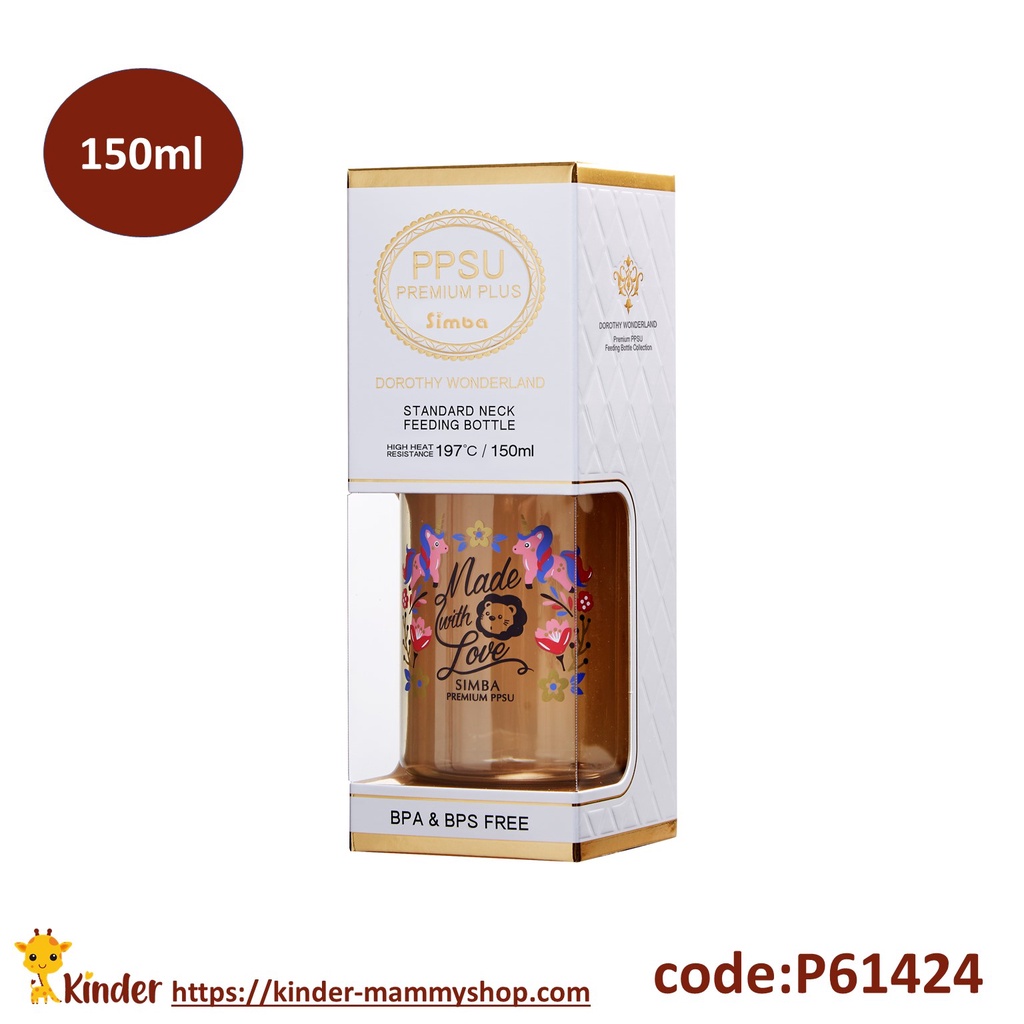 Bình sữa 150ml PPSU-Dorothy Wonderland cổ chuẩn  (màu hồng) Simba P61424