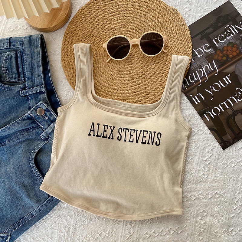 Áo Hai Dây Mỏng Dáng Ngắn In Chữ Thời Trang Trẻ Trung