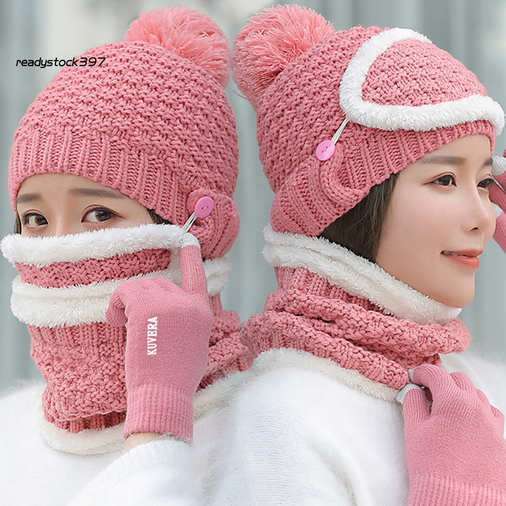 Re Four-Piece Women Winter Warm Wool Hat Cap Face Cover Bib Gloves Neckerchief Set