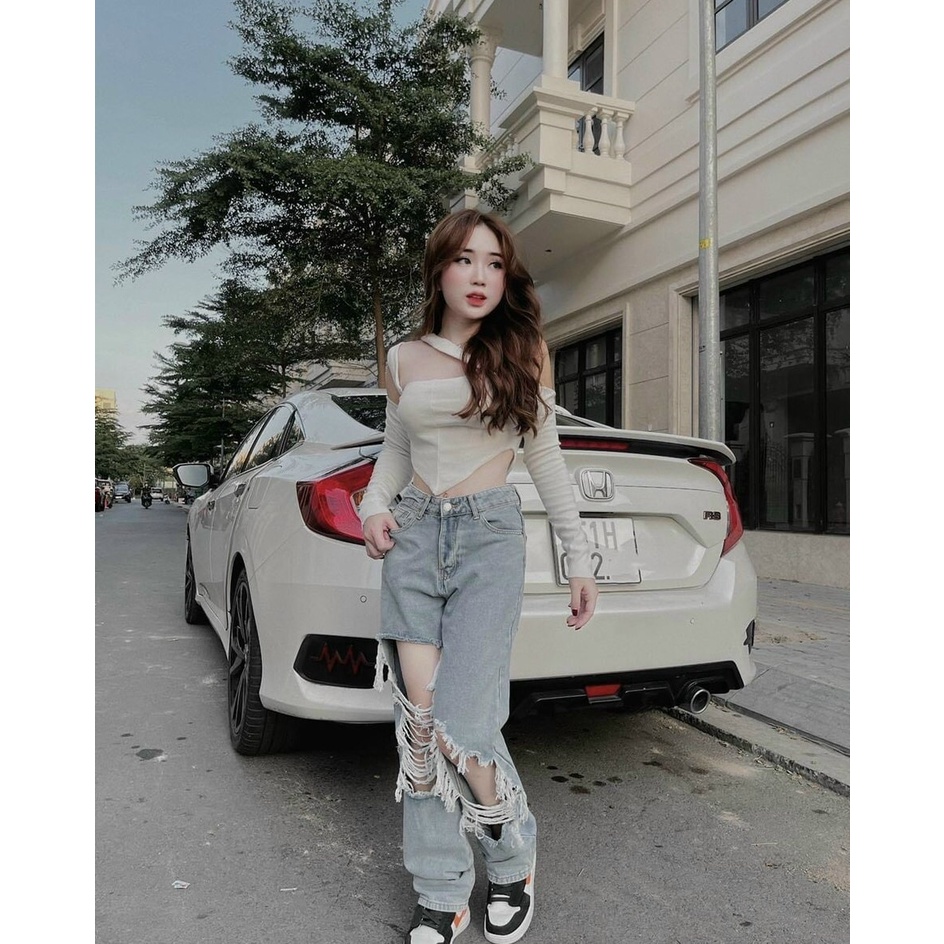 Áo yếm croptop bẹt vai tay dài dây chéo màu trắng/đen NÀNG CLOSET