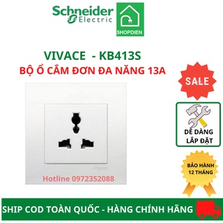 Bộ ổ cắm vuông đơn đa năng, đa tiêu chuẩn 3 chân 3p 13a schneider vivace kb413s 86mmx 86mm - đế vuông