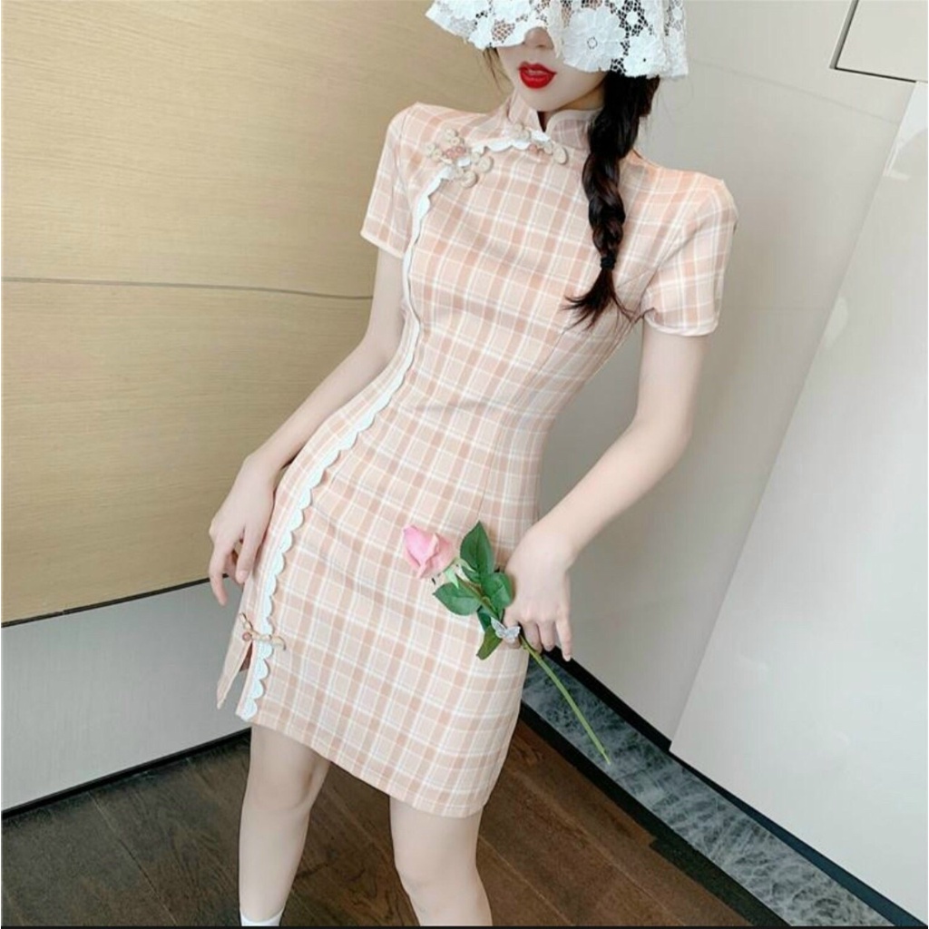 Đầm sườn xám sọc caro với màu siêu hot thích hợp đi chơi, dạo phố