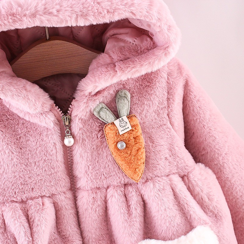 Áo khoác cotton có mũ thiết kế hình tai thỏ hoạt hình dễ thương cho bé gái 9 tháng-3 tuổi