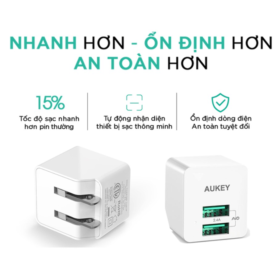 Cốc Sạc 2 Cổng Aukey PA-U32, 12W mỗi cổng, chính hãng Aukey Vietnam, mới 100%, B/hành 2 năm 1 đổi 1