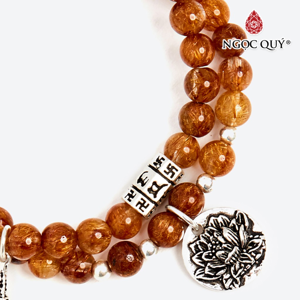 Vòng tay đôi TA tóc đỏ đậm phối charm hoa sen hạt 6mm - Ngọc Quý