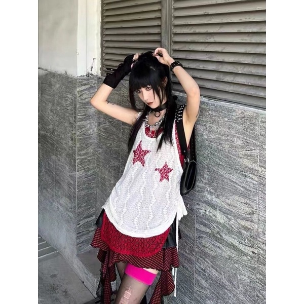 Áo lưới 2 lớp hoạ tiết sao Rock Star phong cách Gothic Y2K