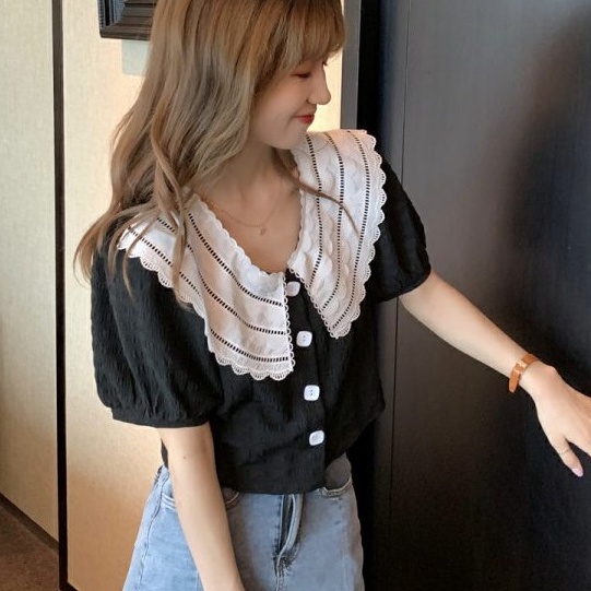 【ZHELIHANGFEI】Áo Sơ Mi Tay Phồng Ngắn Cổ Búp Bê Phối Ren Lưng Cao Dễ Thương